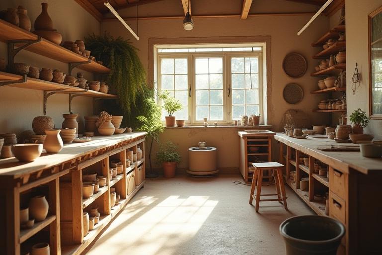 Das Atelier von Zwielicht Keramik mit Töpferwerkzeugen und unfertiger Keramik.