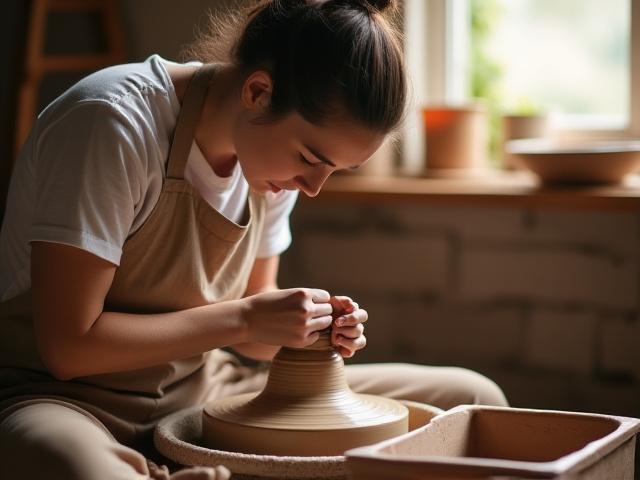 Anfängerin an der Drehscheibe in einem Töpferkurs