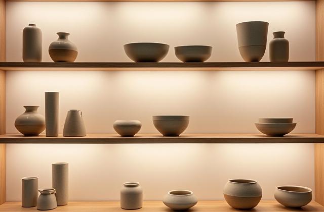 Regal mit einer Auswahl an fertigen Keramikstücken, glasiert und bereit zum Verkauf